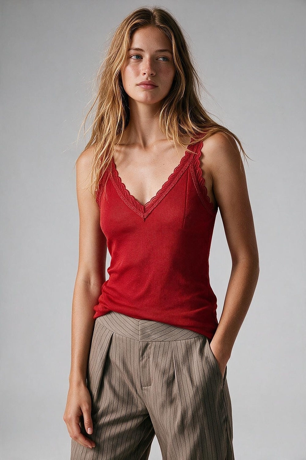 Red Ribbed Knit Lace Trim V-Neck Sleeveless Top - Tops