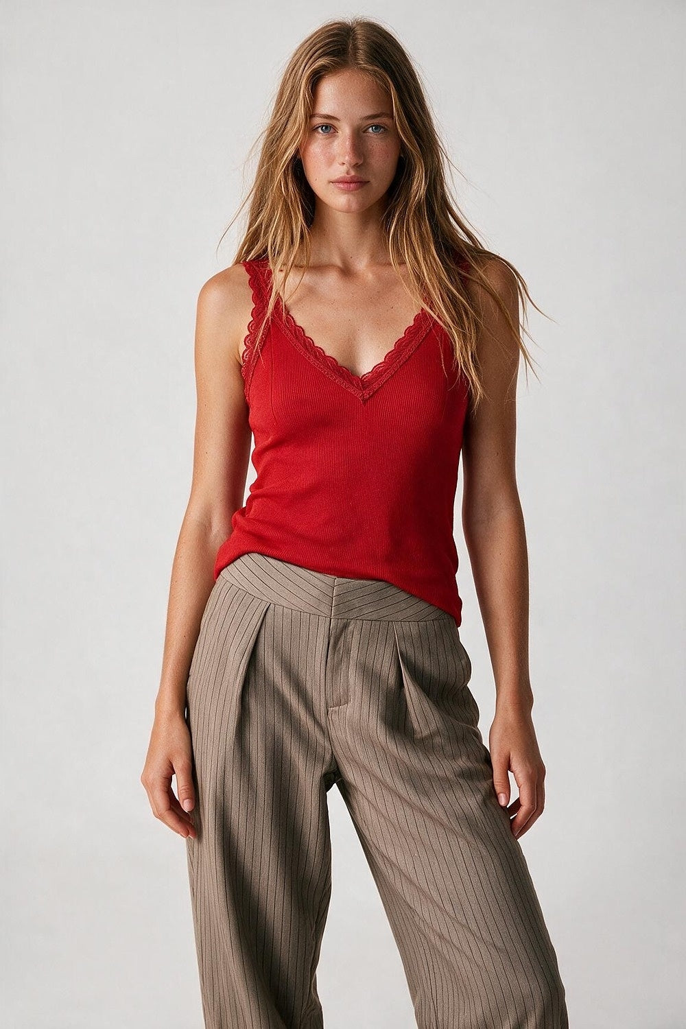 Red Ribbed Knit Lace Trim V-Neck Sleeveless Top - Tops