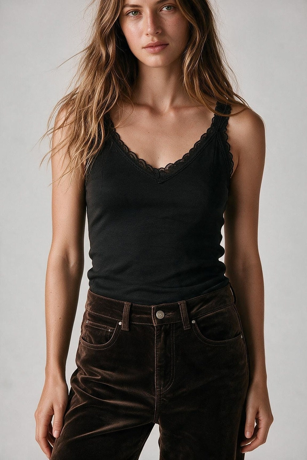 Khaki Ribbed Knit Lace Trim V-Neck Sleeveless Top - Tops