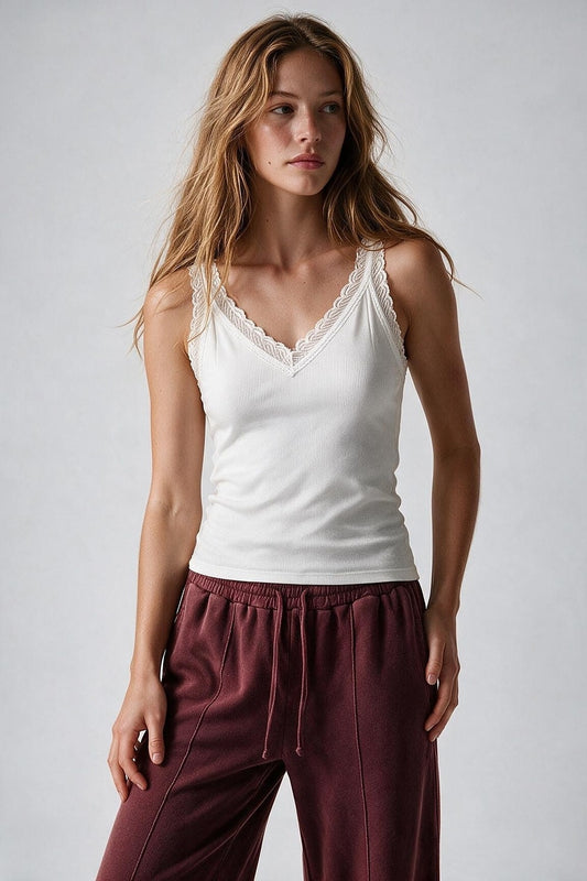White Ribbed Knit Lace Trim V-Neck Sleeveless Top - Tops