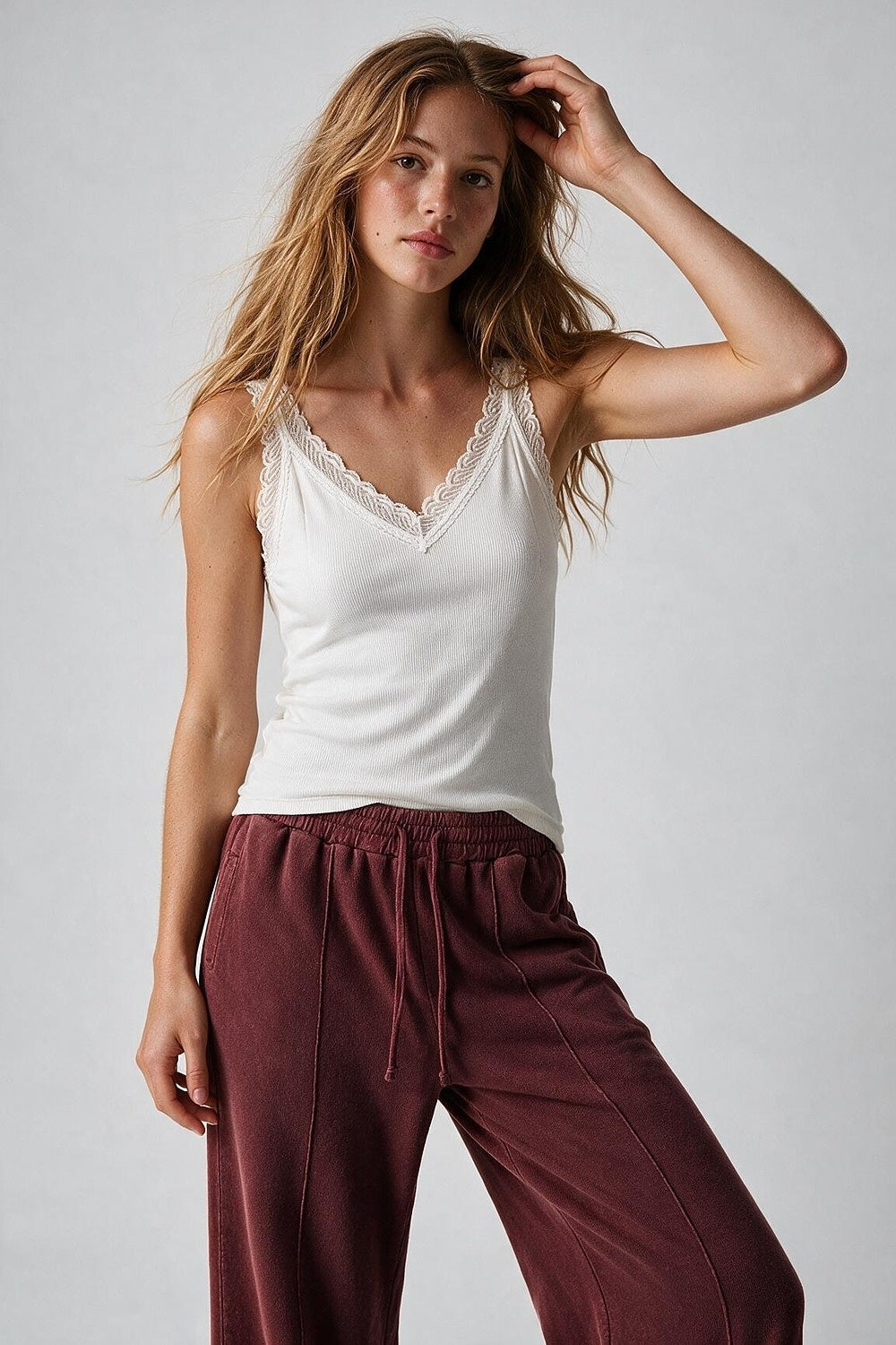 White Ribbed Knit Lace Trim V-Neck Sleeveless Top - Tops