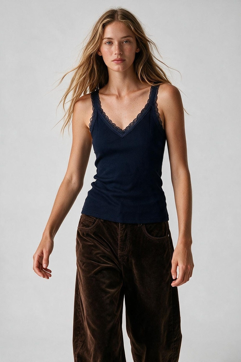 Navy Ribbed Knit Lace Trim V-Neck Sleeveless Top - Tops