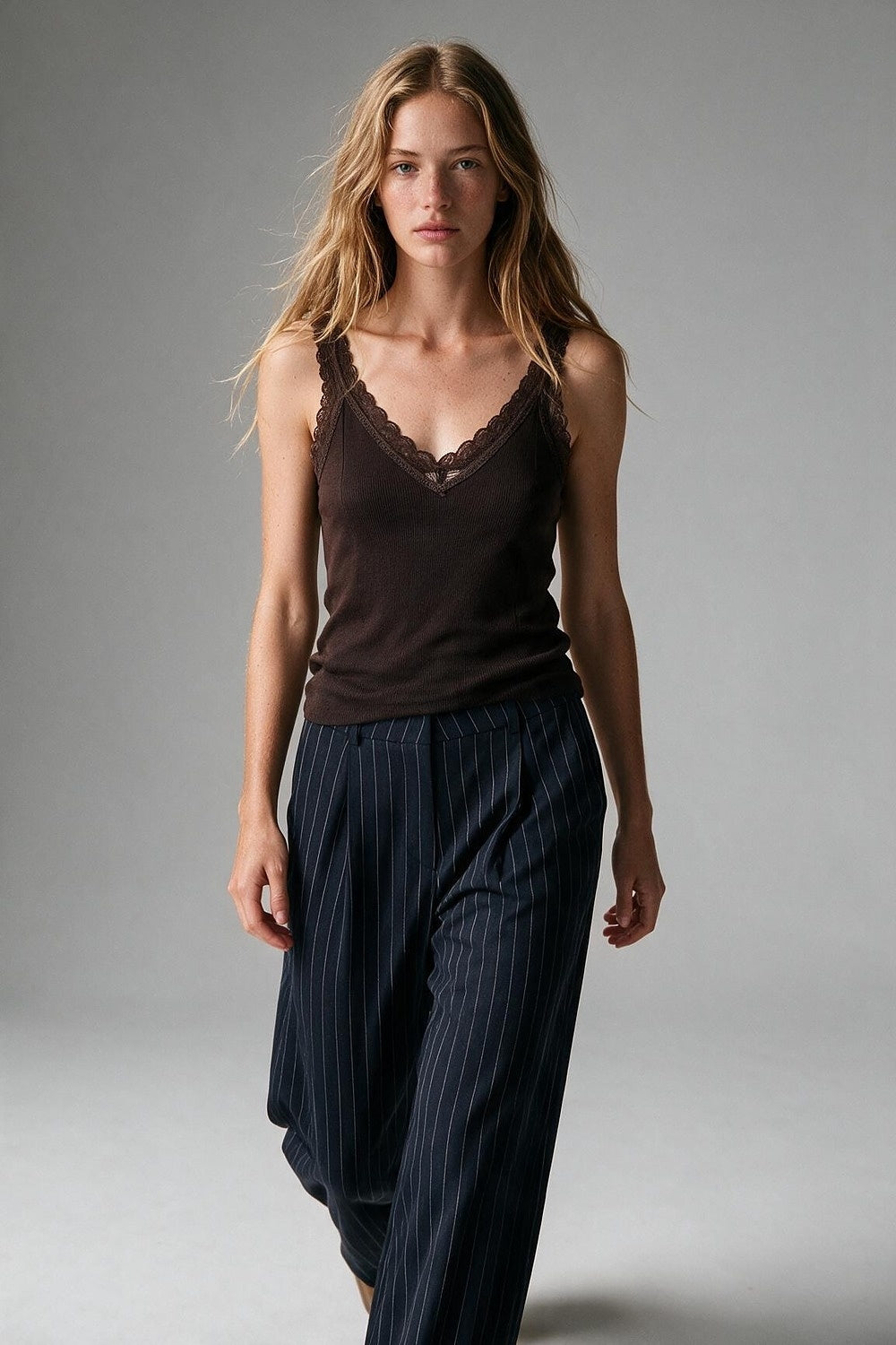 Brown Ribbed Knit Lace Trim V-Neck Tank Top - Tops