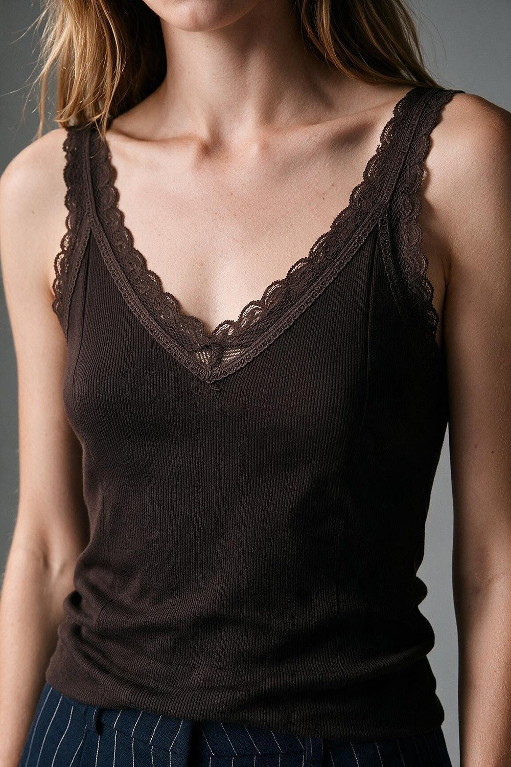 Brown Ribbed Knit Lace Trim V-Neck Tank Top - Tops