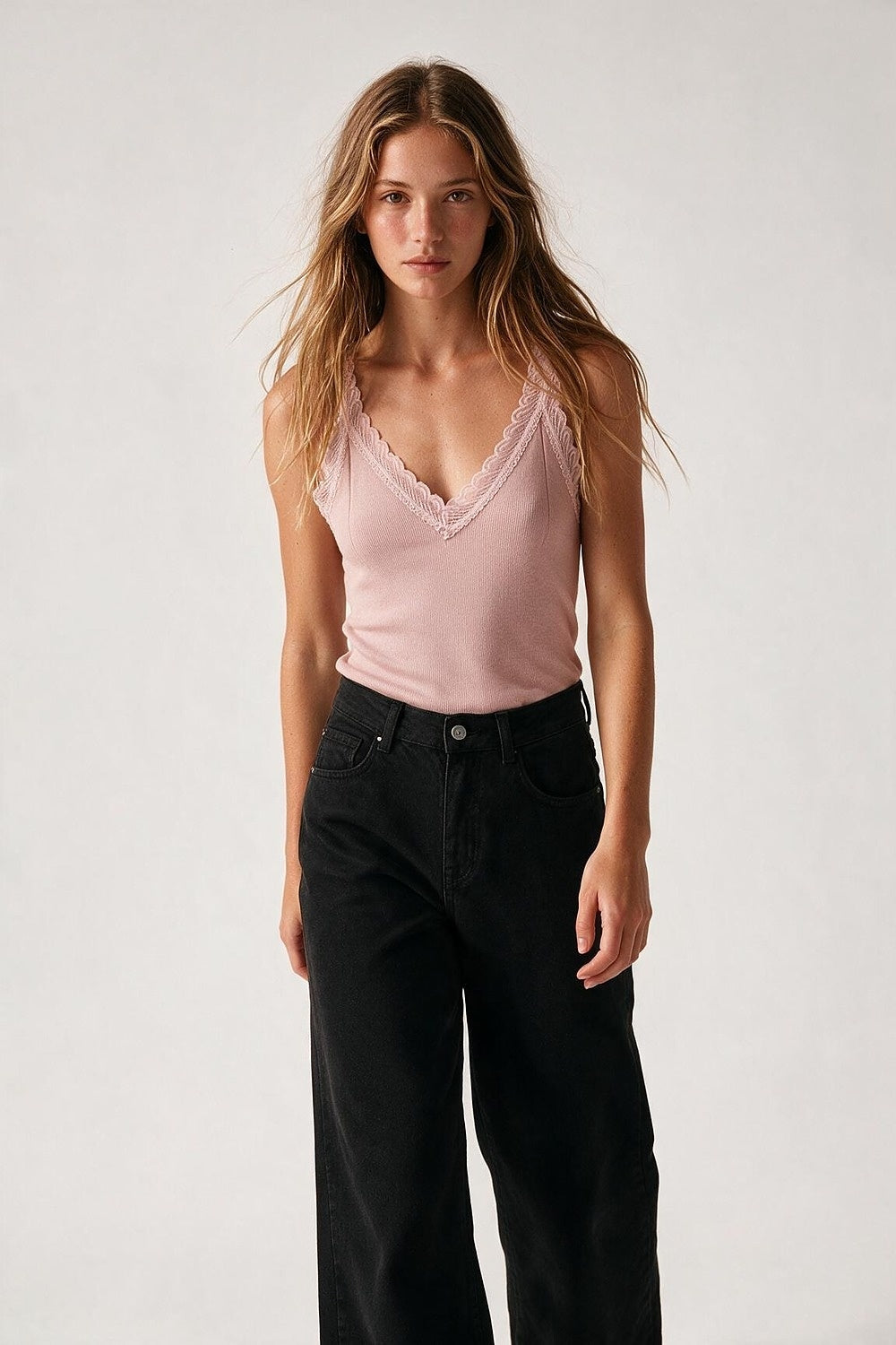 Light Pink Ribbed Knit Lace Trim V-Neck Sleeveless Top - Tops