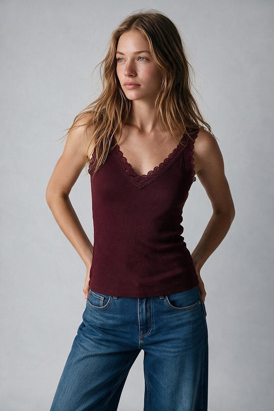 Burgundy Ribbed Knit Lace Trim V-Neck Sleeveless Top - Tops