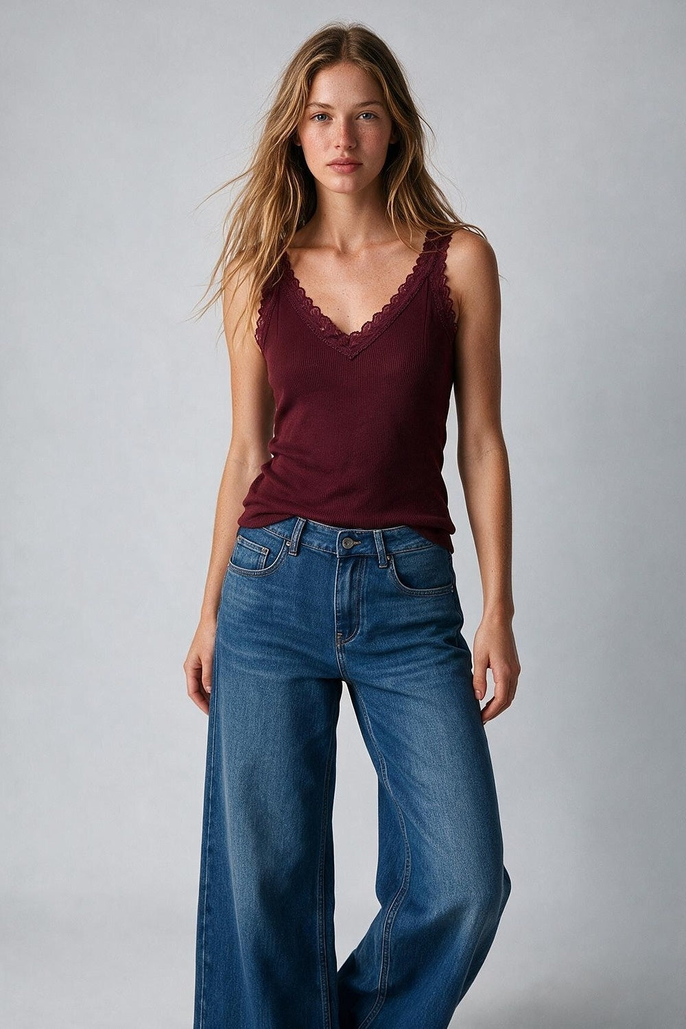 Burgundy Ribbed Knit Lace Trim V-Neck Sleeveless Top - Tops