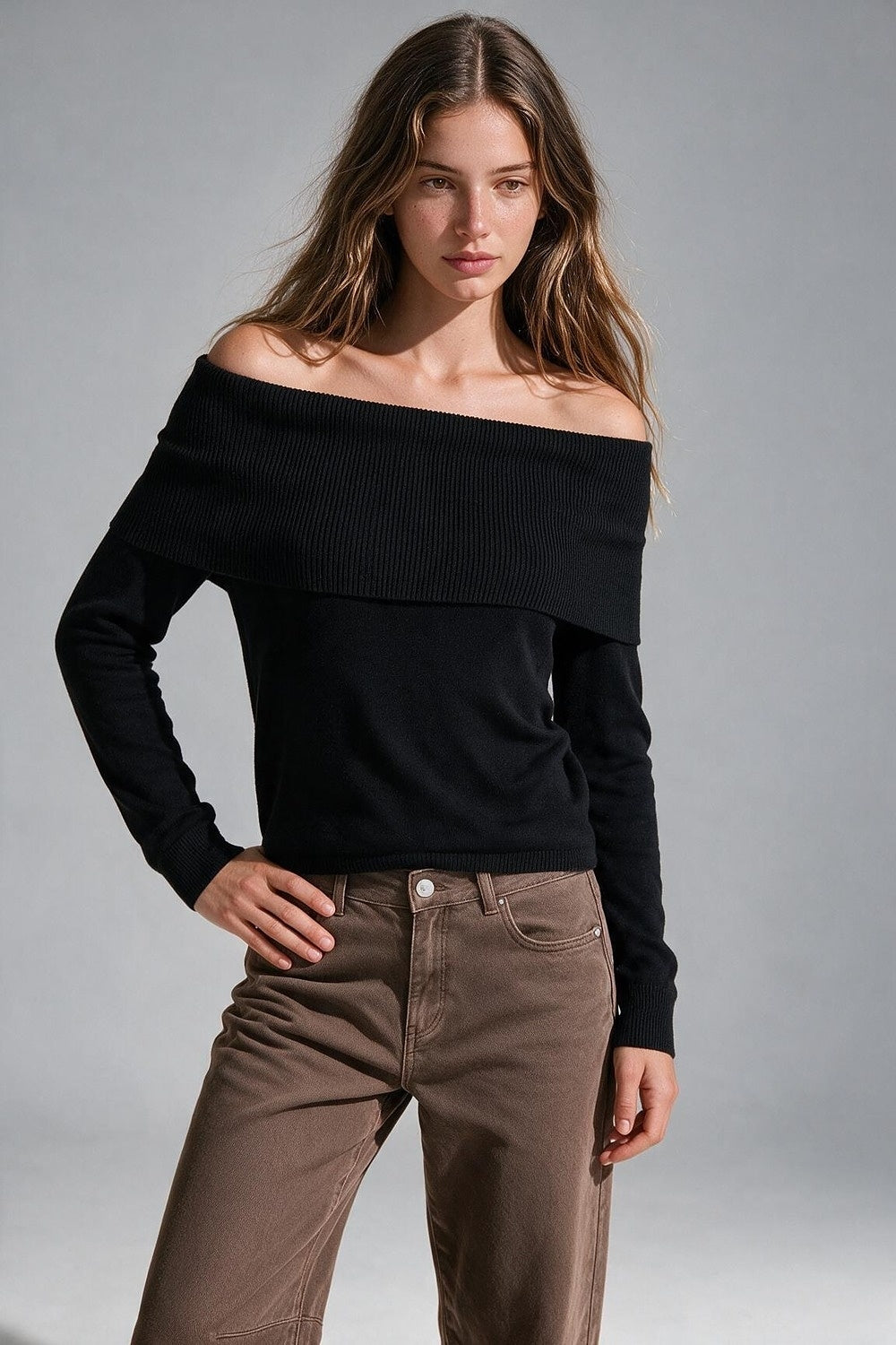 Black Ribbed Knit Off Shoulder Foldover Sweater - Jumpers