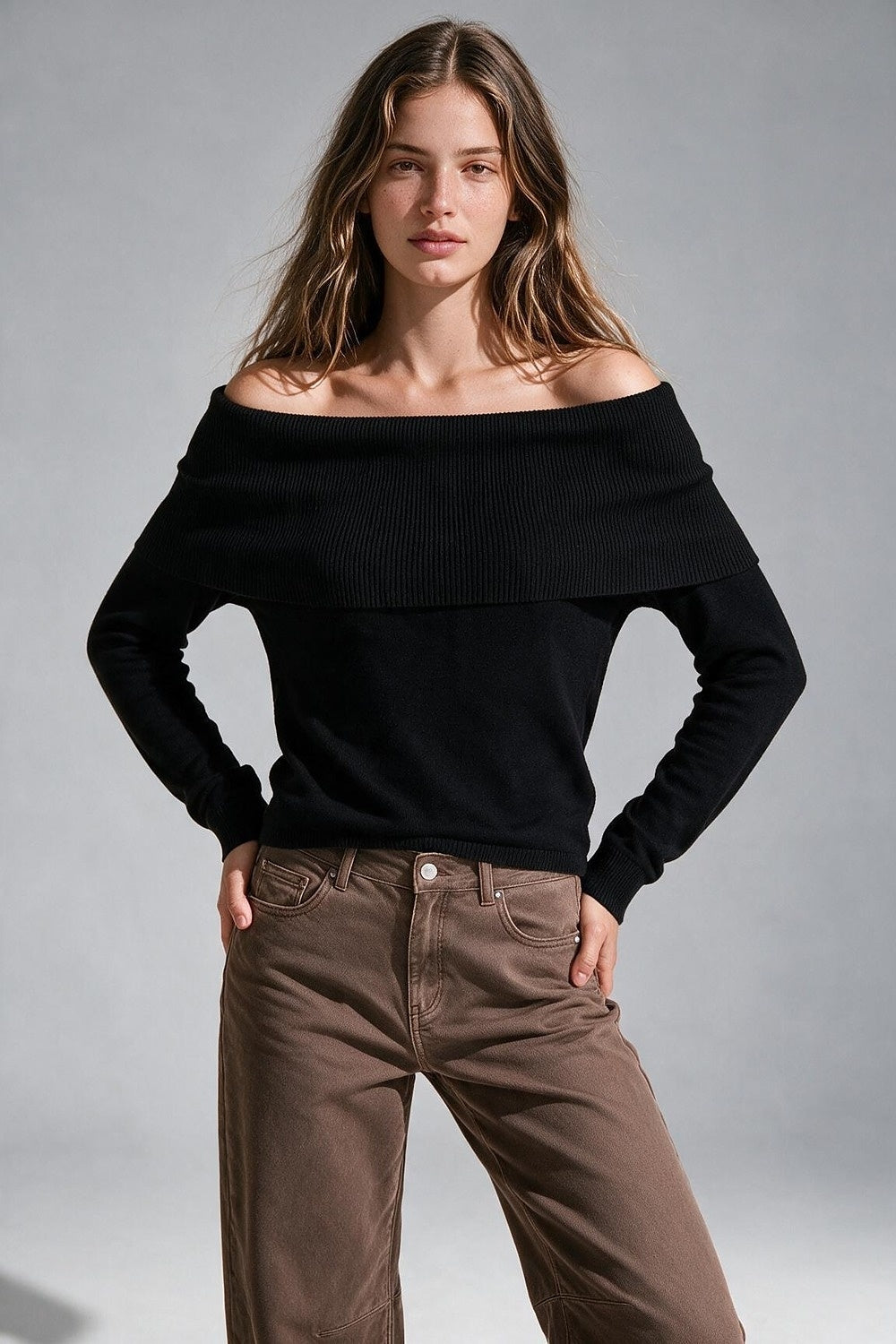 Black Ribbed Knit Off Shoulder Foldover Sweater - Jumpers