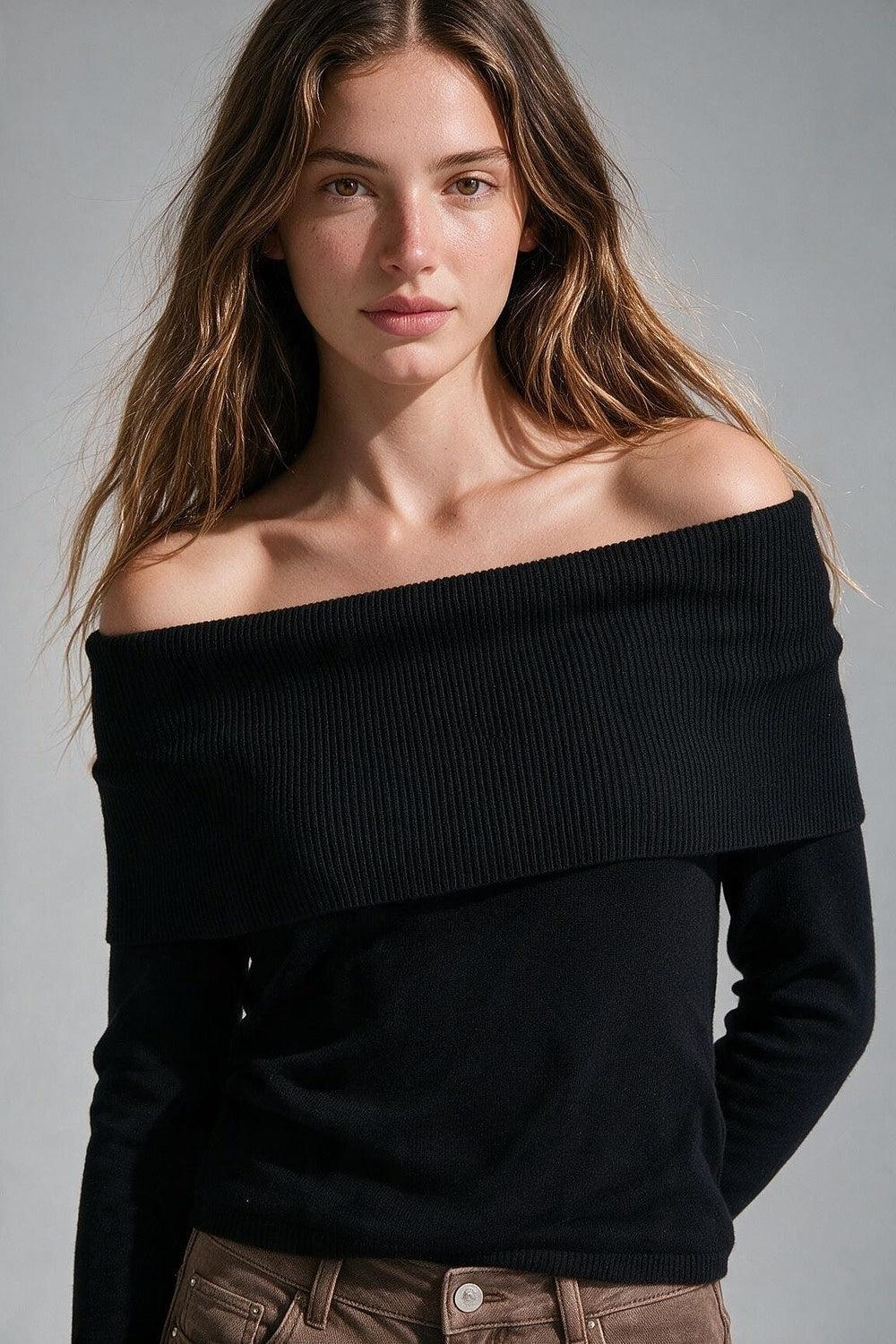 Black Ribbed Knit Off Shoulder Foldover Sweater - Jumpers