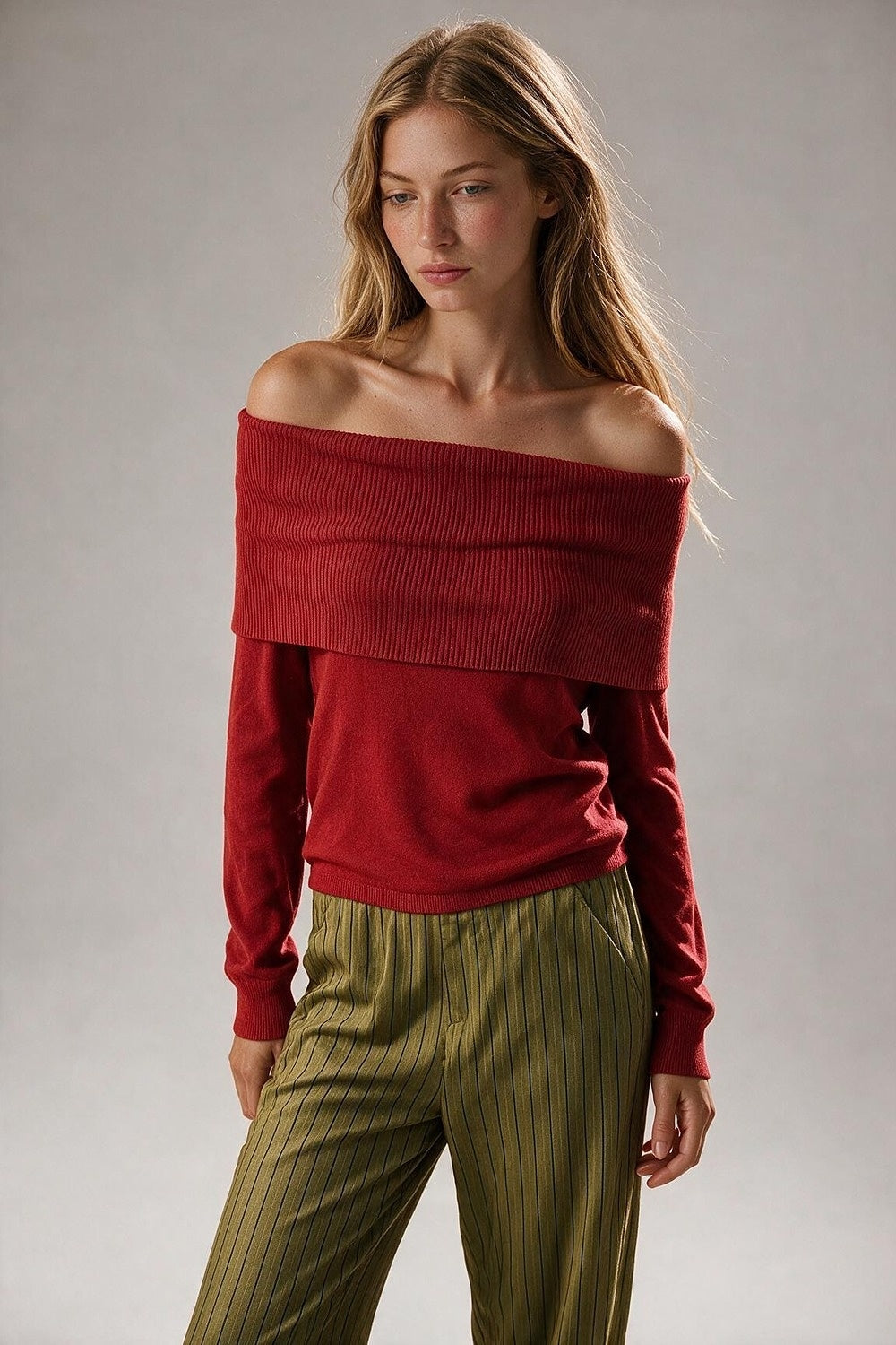 Red Ribbed Knit Foldover Off Shoulder Sweater - Jumpers