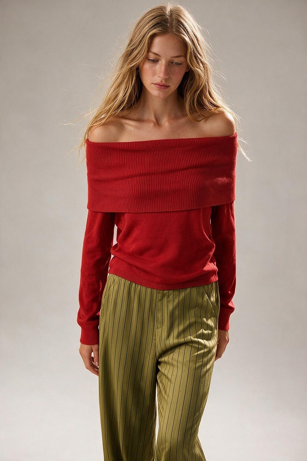 Red Ribbed Knit Foldover Off Shoulder Sweater