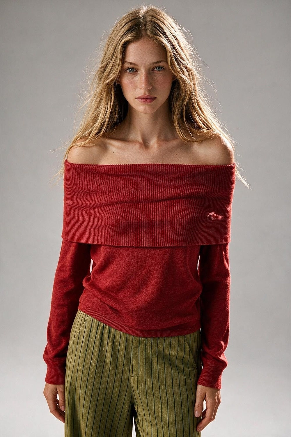 Red Ribbed Knit Foldover Off Shoulder Sweater - Jumpers