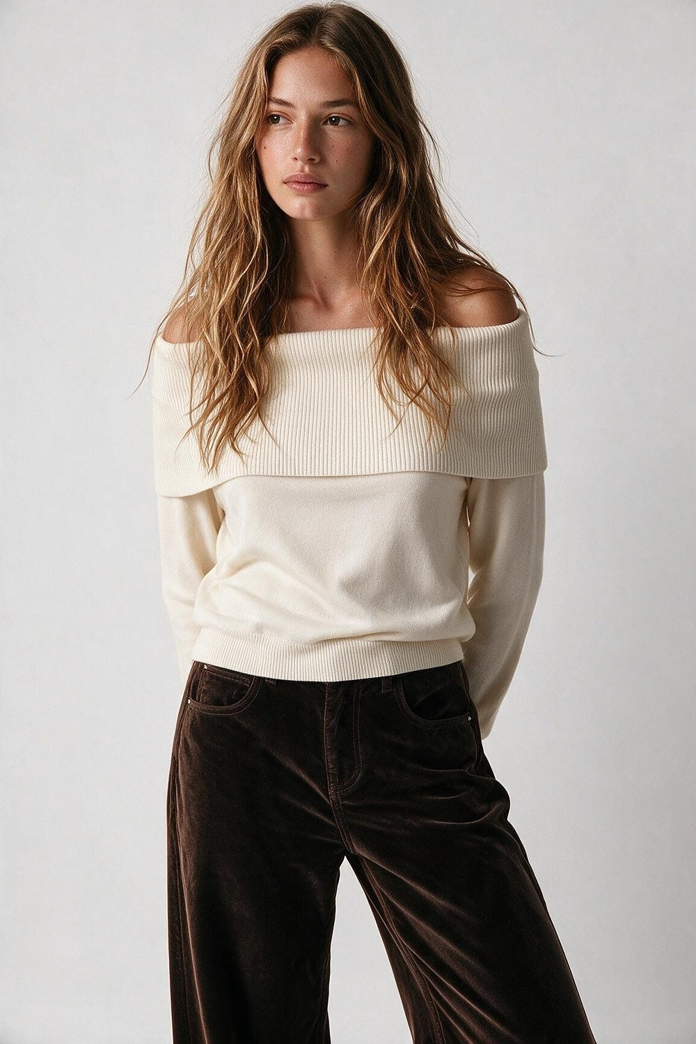 Cream Ribbed Knit Off Shoulder Foldover Sweater - Jumpers