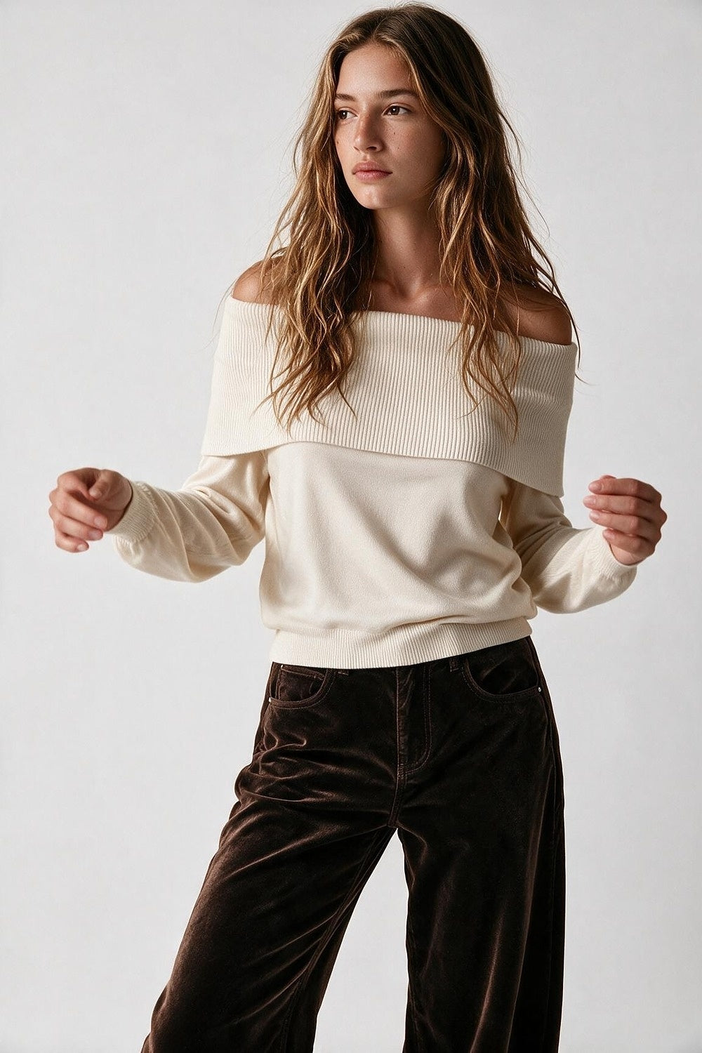 Cream Ribbed Knit Off Shoulder Foldover Sweater - Jumpers