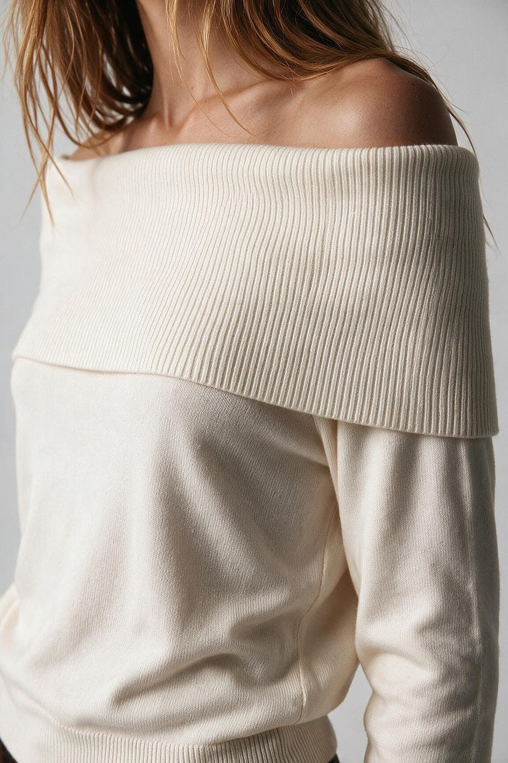 Cream Ribbed Knit Off Shoulder Foldover Sweater - Jumpers
