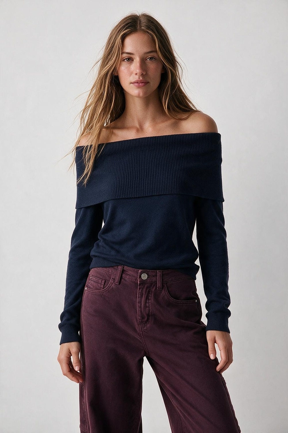 Navy Ribbed Knit Off Shoulder Foldover Sweater - Jumpers