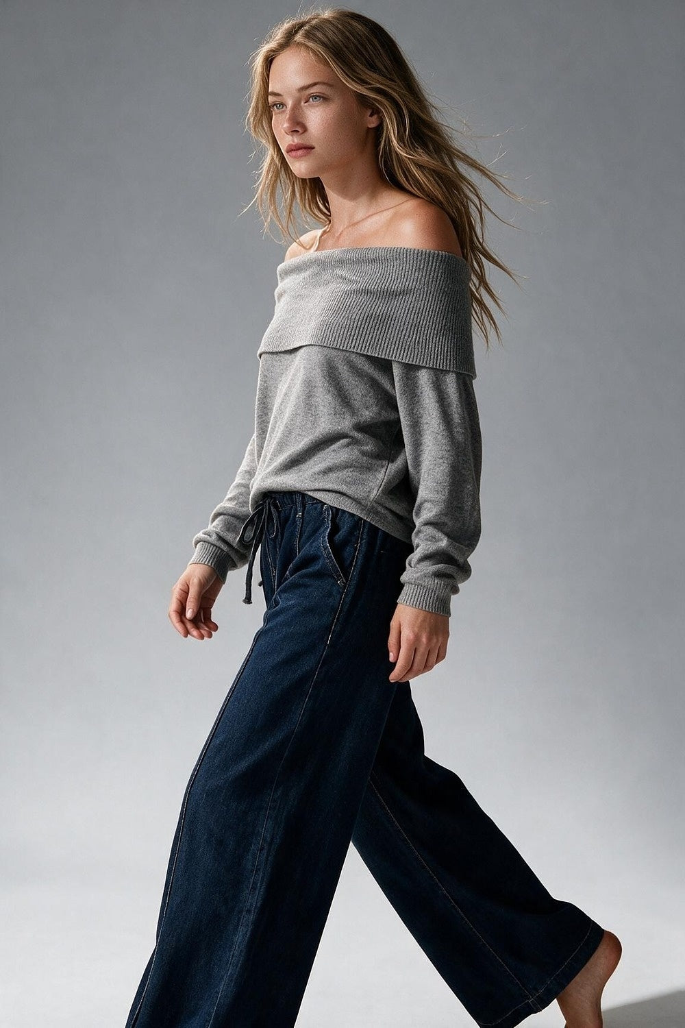Grey Ribbed Knit Off Shoulder Relaxed Fit Sweater Top - Jumpers
