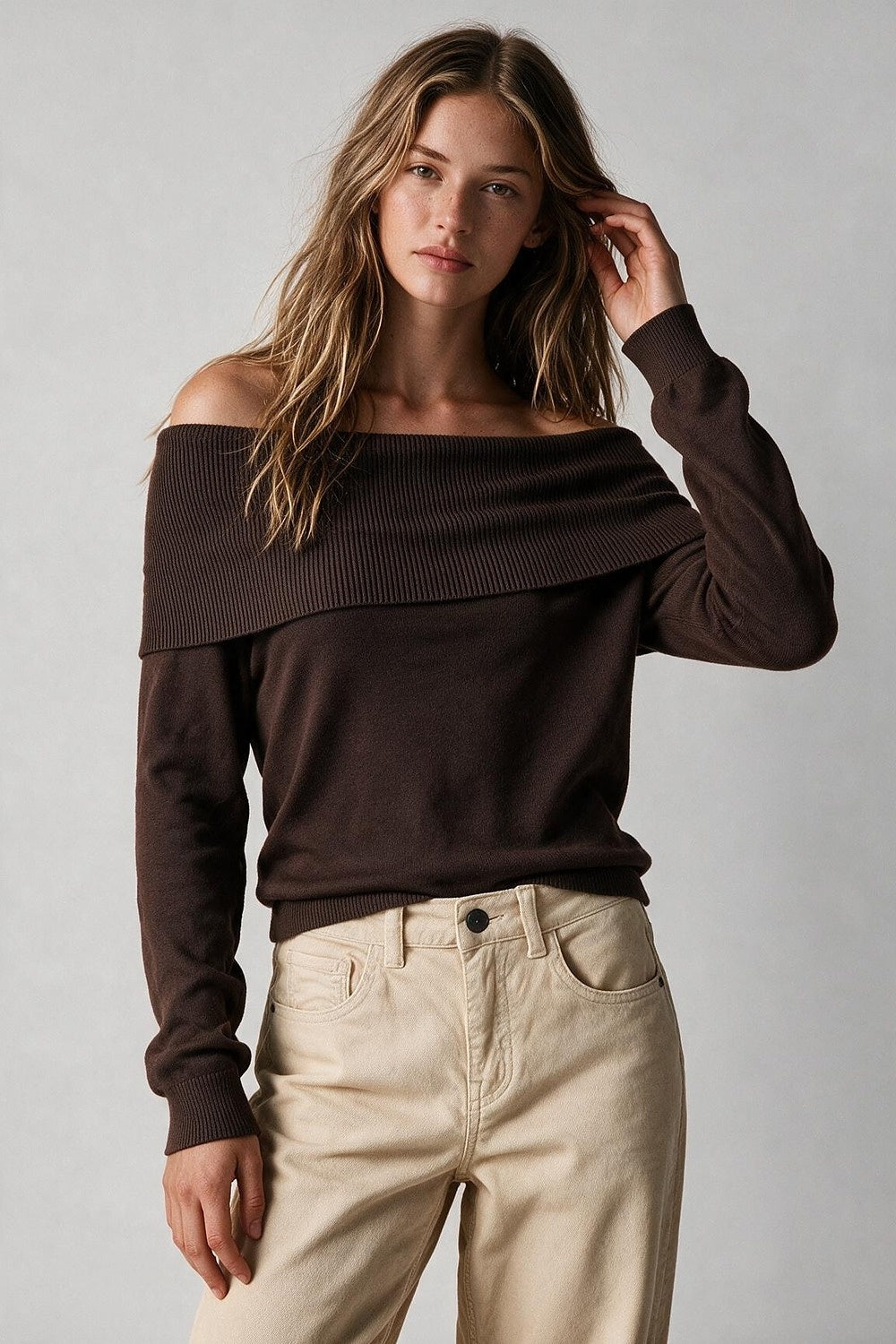 Brown Ribbed Knit Off Shoulder Long Sleeve Sweater - Jumpers