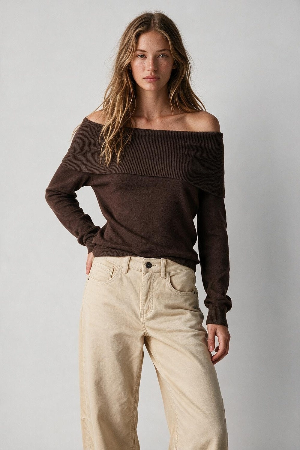 Brown Ribbed Knit Off Shoulder Long Sleeve Sweater - Jumpers