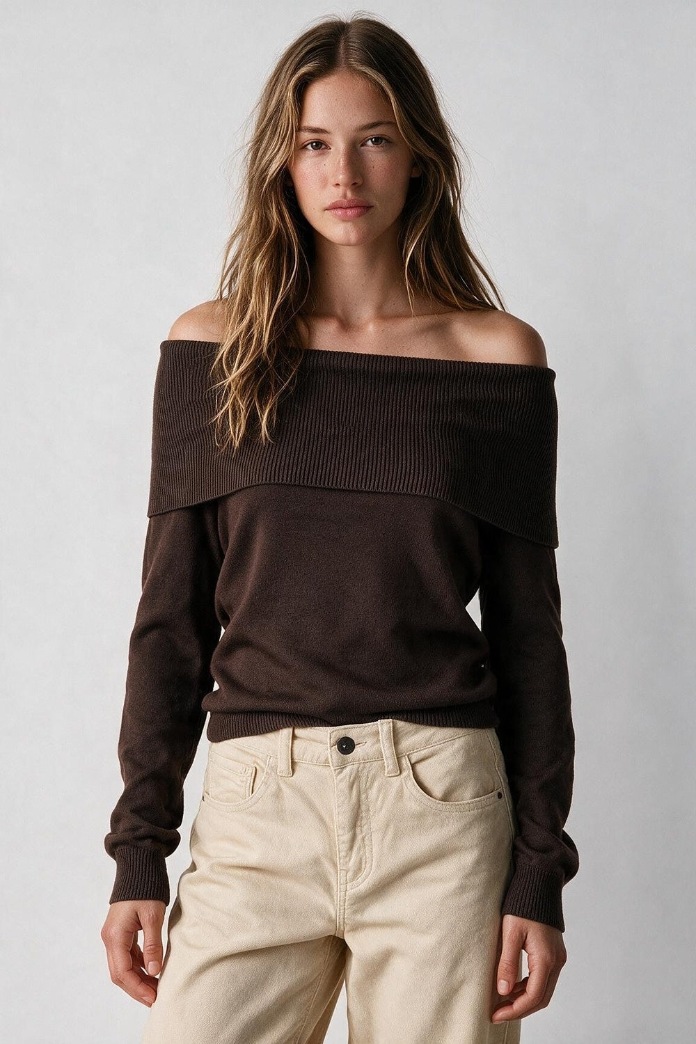 Brown Ribbed Knit Off Shoulder Long Sleeve Sweater - Jumpers