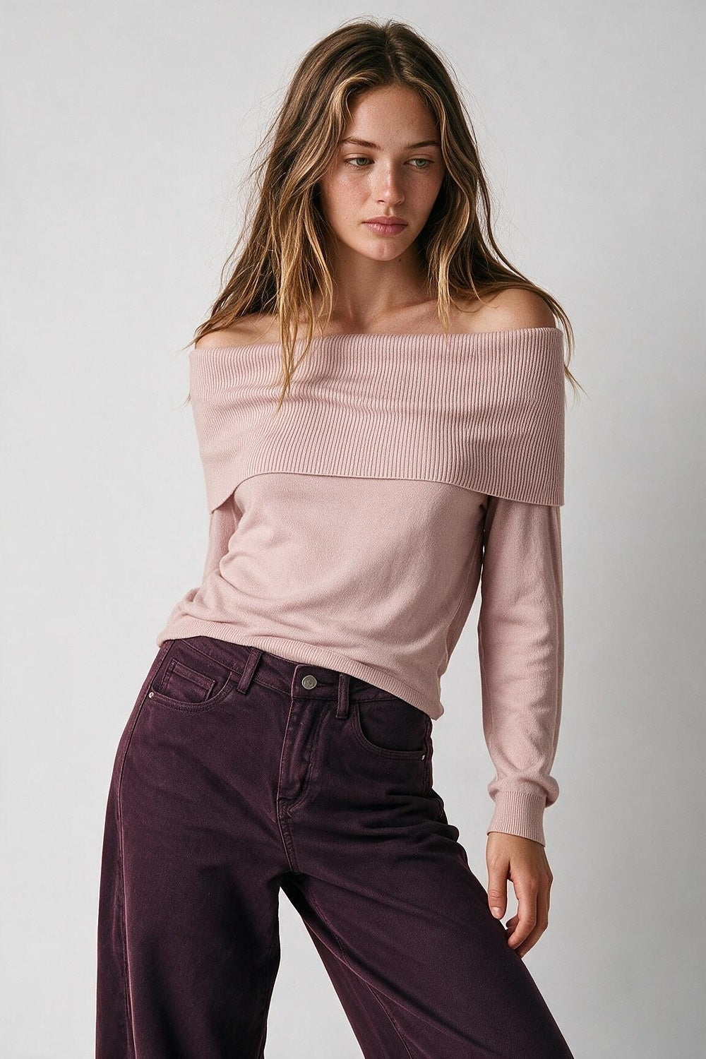 Light Pink Ribbed Knit Off Shoulder Long Sleeve Sweater - Jumpers