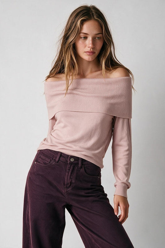 Light Pink Ribbed Knit Off Shoulder Long Sleeve Sweater - Jumpers