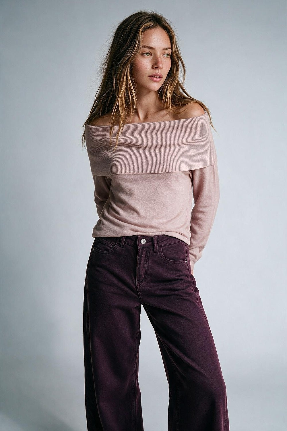 Light Pink Ribbed Knit Off Shoulder Long Sleeve Sweater - Jumpers