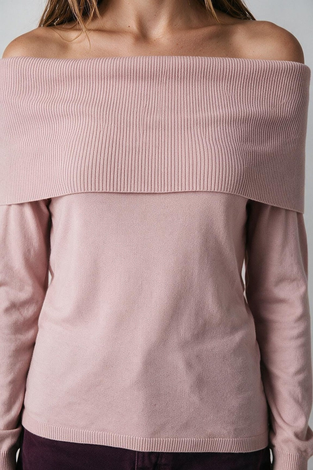Light Pink Ribbed Knit Off Shoulder Long Sleeve Sweater - Jumpers