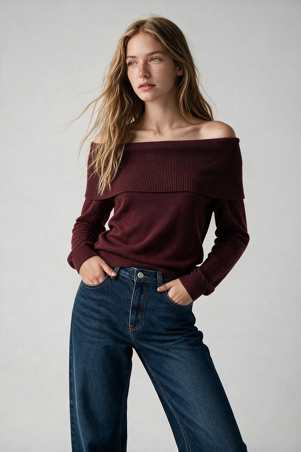 Burgundy Ribbed Knit Off Shoulder Long Sleeve Sweater - Jumpers
