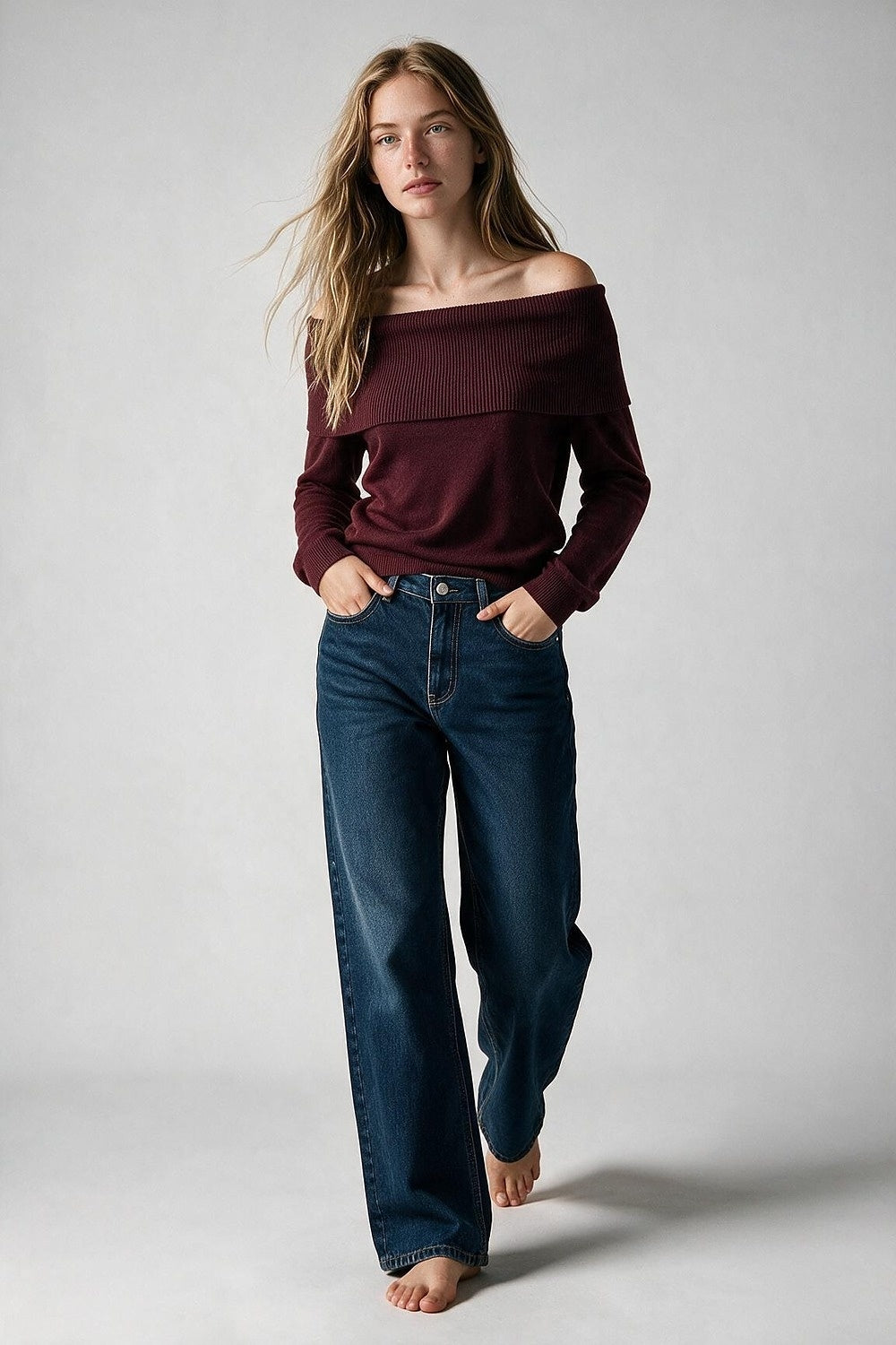 Burgundy Ribbed Knit Off Shoulder Long Sleeve Sweater - Jumpers