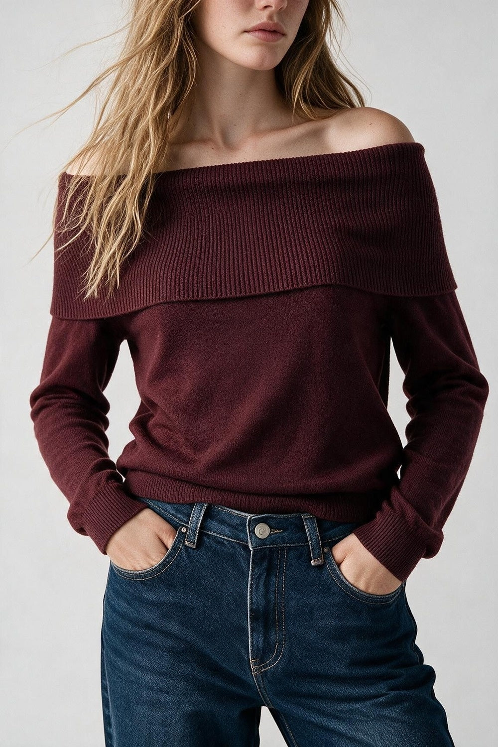 Burgundy Ribbed Knit Off Shoulder Long Sleeve Sweater - Jumpers