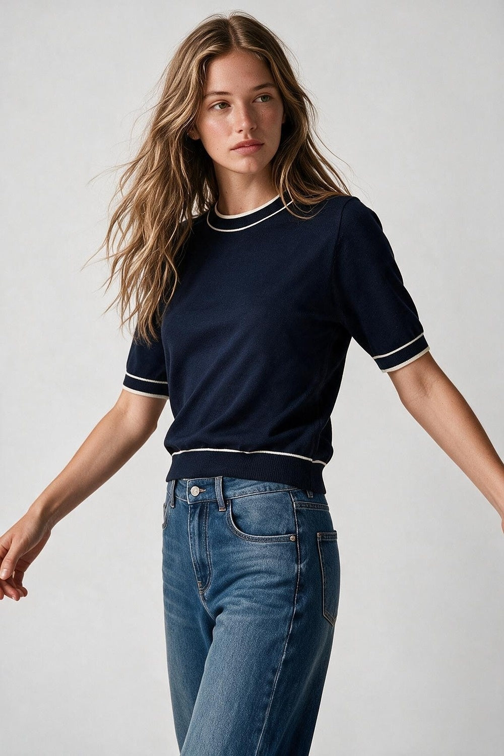 Navy short sleeve sweater with white line detail - Jumpers