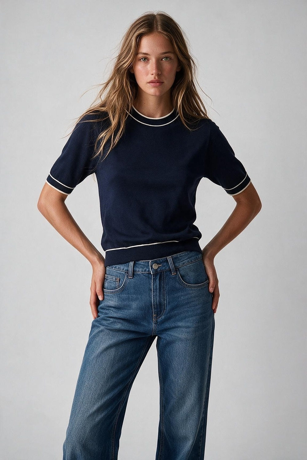 Navy short sleeve sweater with white line detail - Jumpers
