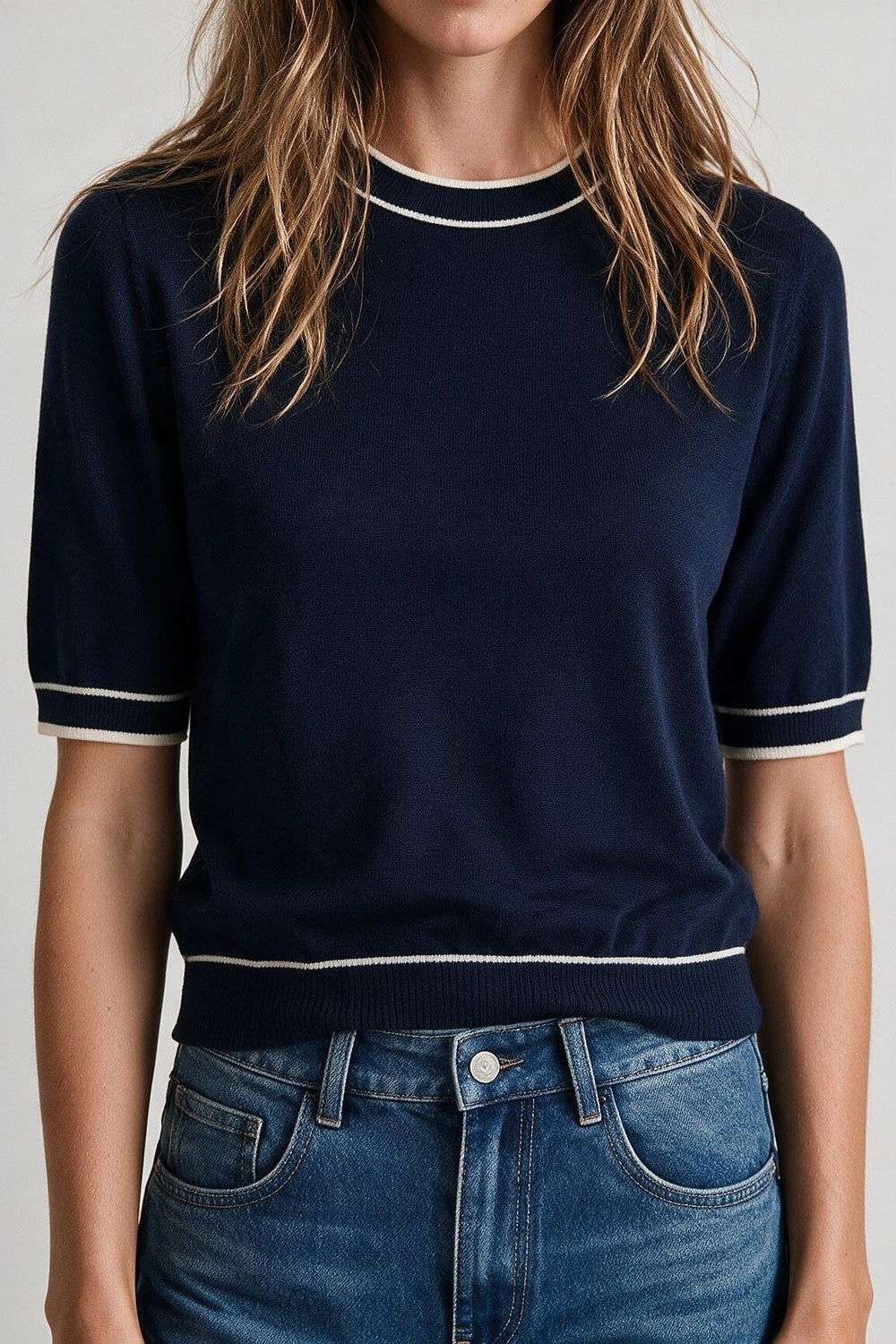 Navy short sleeve sweater with white line detail - Jumpers