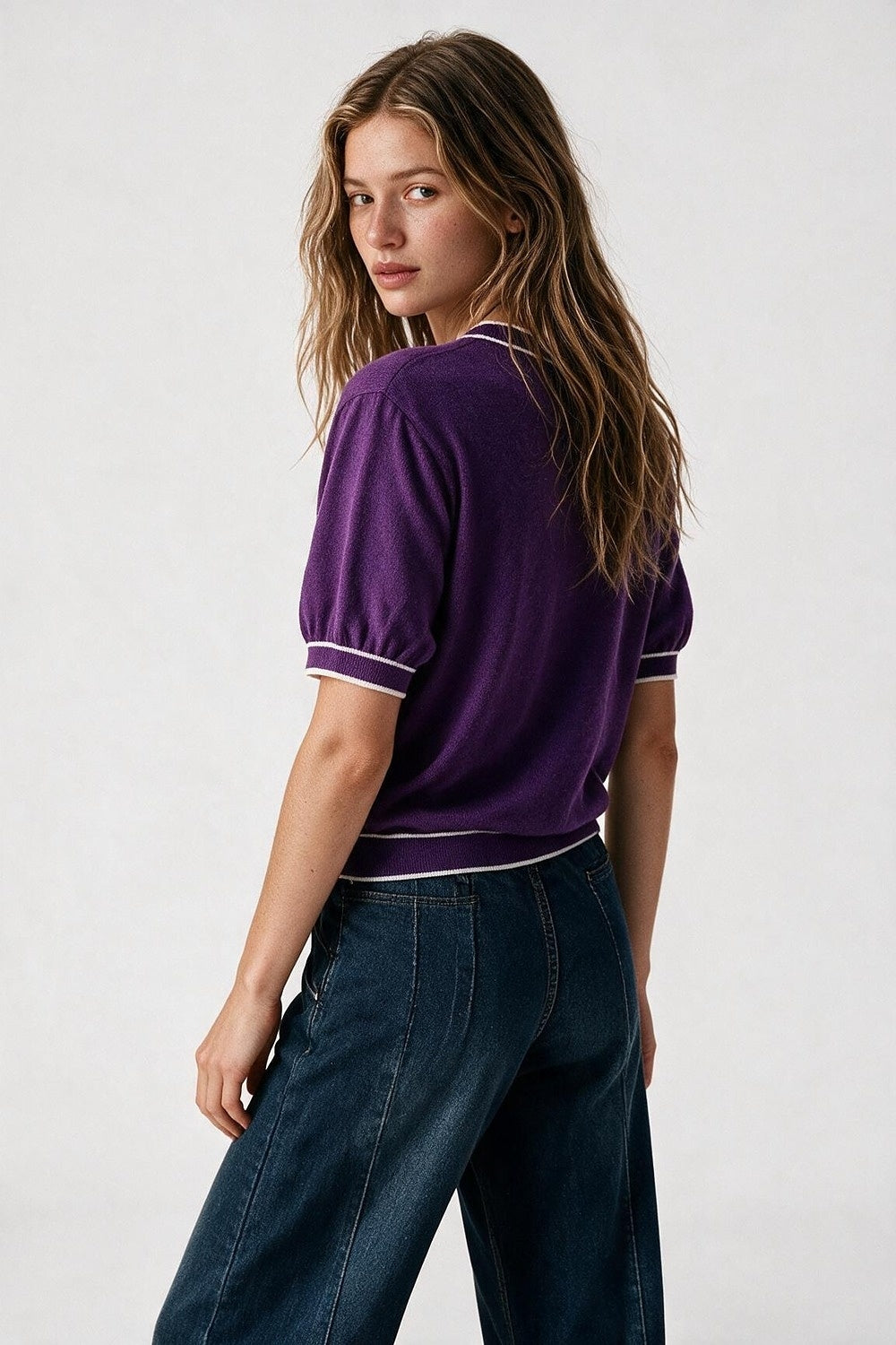 Purple short sleeve sweater with white line detail - Jumpers