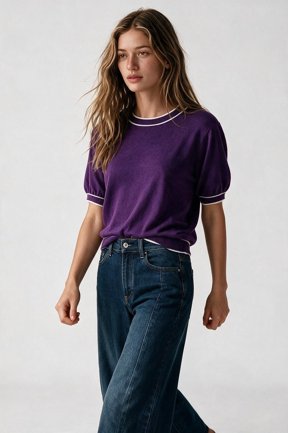Purple short sleeve sweater with white line detail - Jumpers