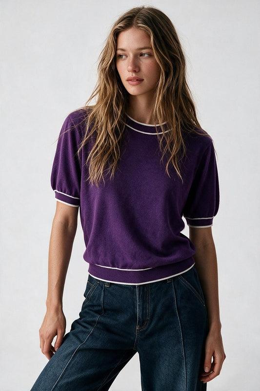 Purple short sleeve sweater with white line detail - Jumpers