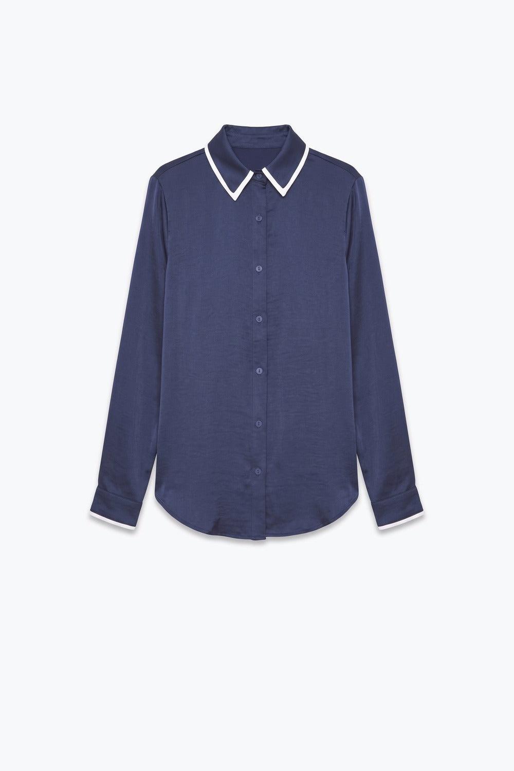Navy Lightweight satin Contrast Collar Button Front Shirt - Shirts