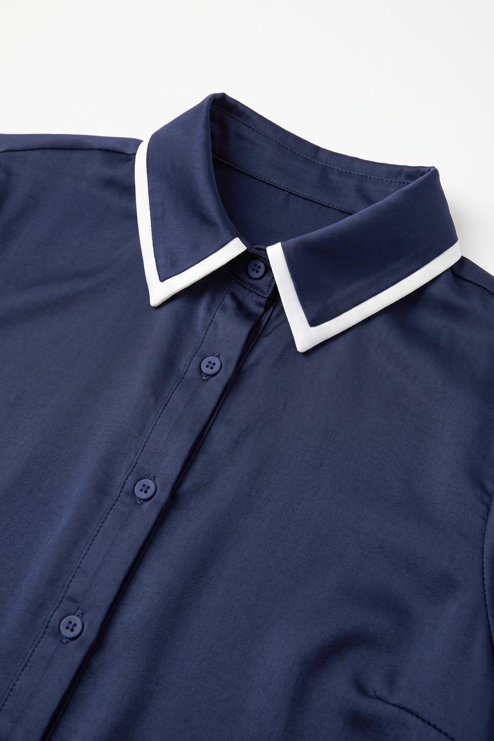 Navy Lightweight satin Contrast Collar Button Front Shirt - Shirts
