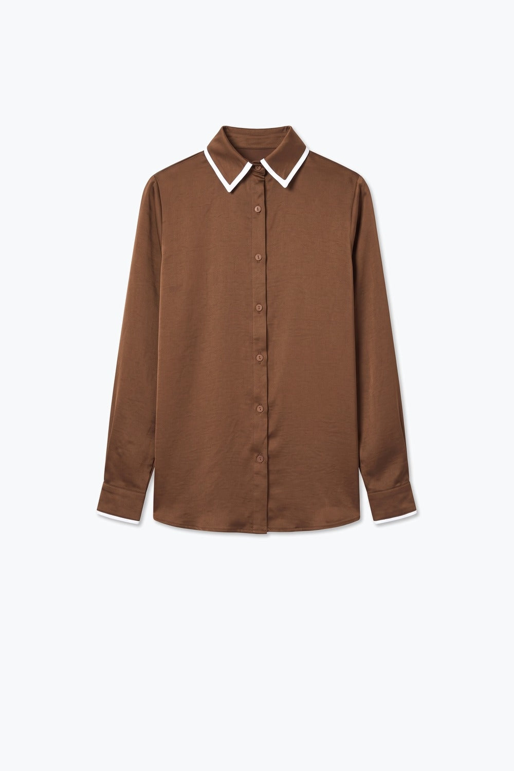 Brown Satin Contrast Collar Long Sleeve Button Shirt - Shirts