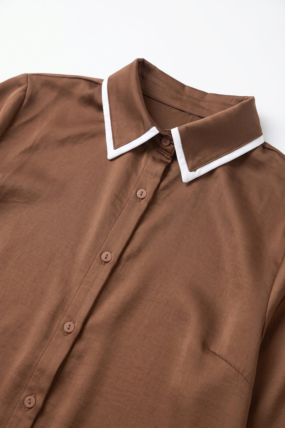 Brown Satin Contrast Collar Long Sleeve Button Shirt - Shirts