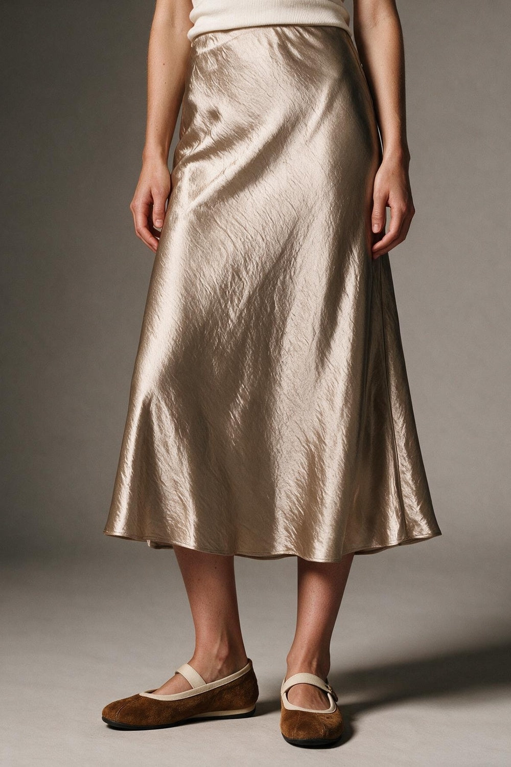 Beige shiny Satin Bias Cut Midi Length Skirt