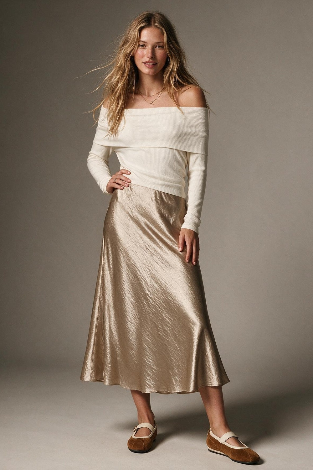 Beige shiny Satin Bias Cut Midi Length Skirt - Skirts