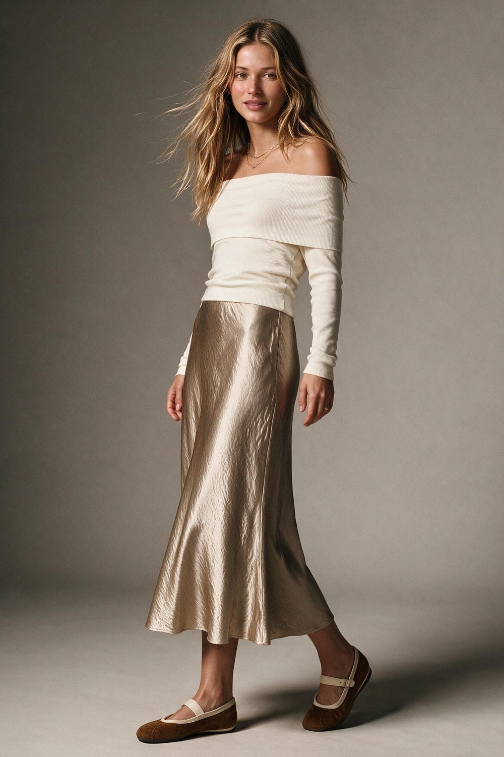 Beige shiny Satin Bias Cut Midi Length Skirt - Skirts