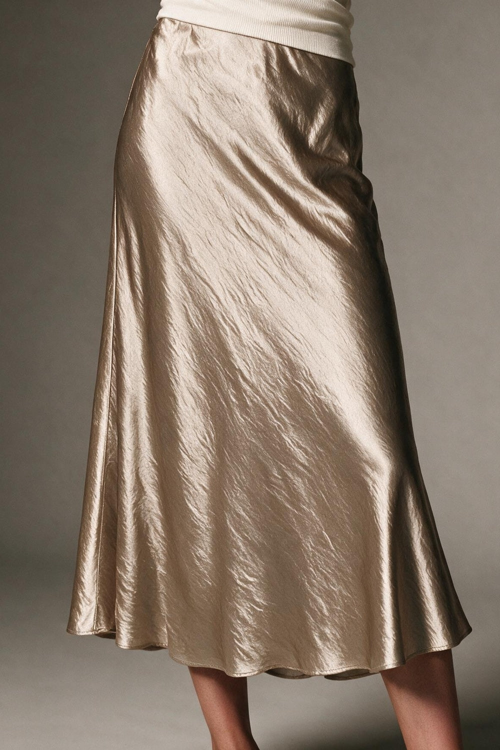 Beige shiny Satin Bias Cut Midi Length Skirt - Skirts