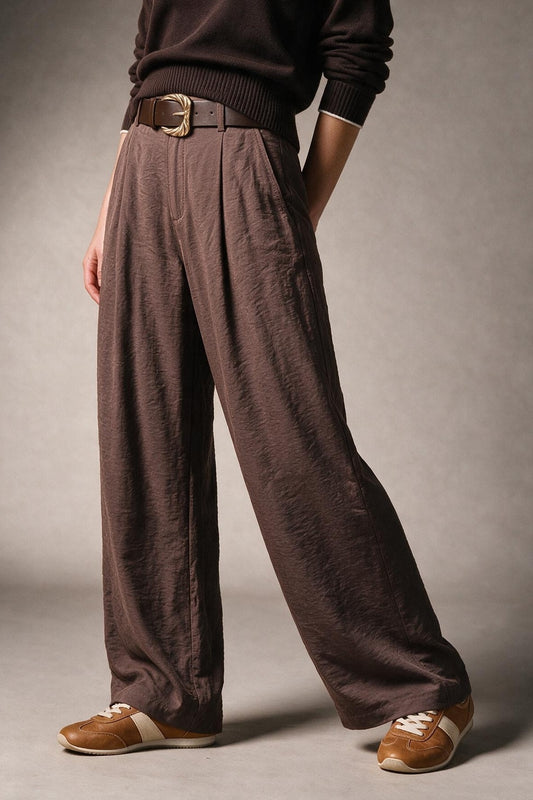 Brown shiny Textured Woven Belted Wide Leg Pants with Pleat Detail - trousers