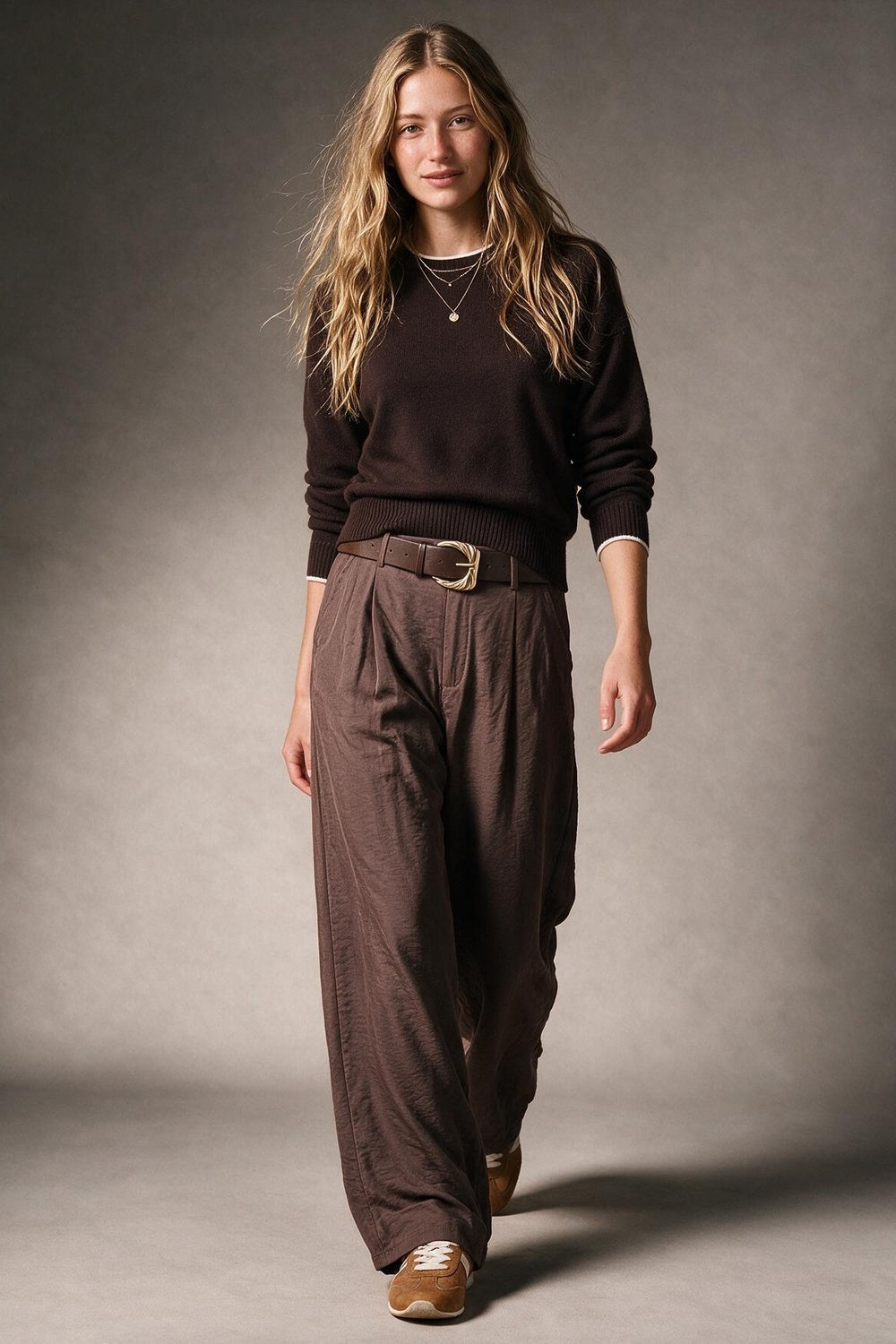 Brown shiny Textured Woven Belted Wide Leg Pants with Pleat Detail - trousers