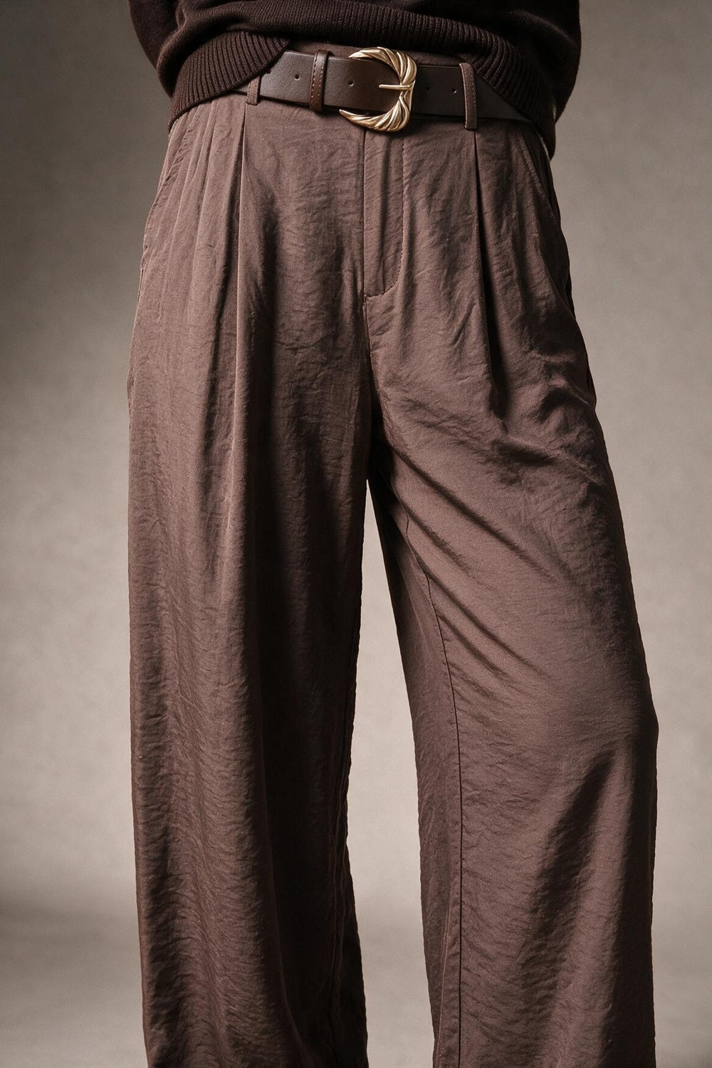 Brown shiny Textured Woven Belted Wide Leg Pants with Pleat Detail - trousers