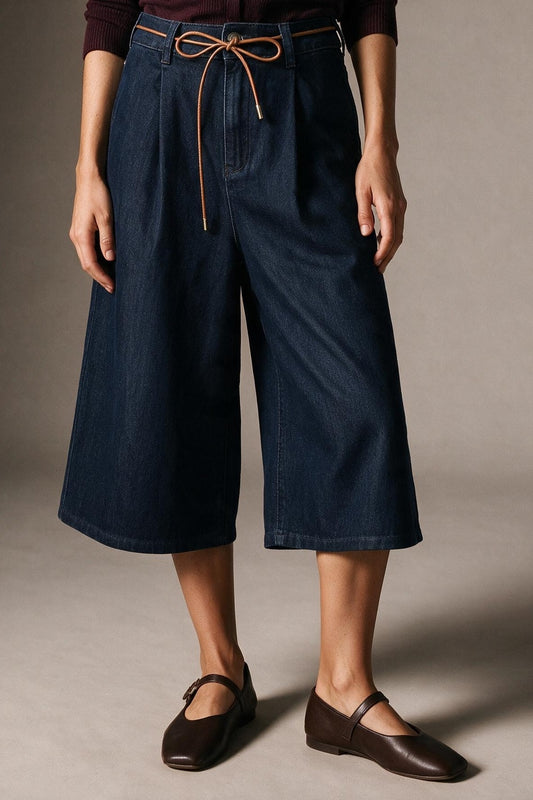 Wide-Leg Mid-Calf Denim Culottes with Tie Belt - trousers